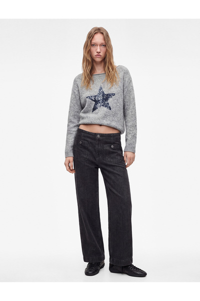 Koton Sequined Star Detailed Long Sleeve Boat Neck Knit Sweater