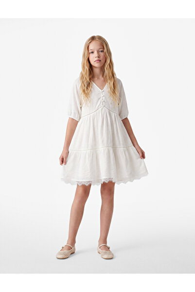 Koton Lace Detailed Buttoned Loose Cut V-Neck Long Sleeve Viscose Dress
