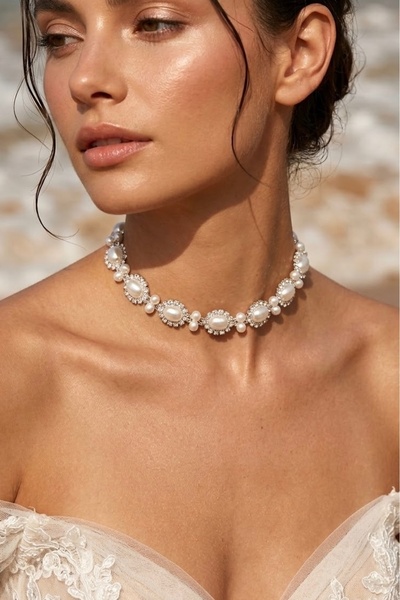 LIVOSH OPAL TAŞLI İNCİ CHOKER KOLYE GELİN KOLYESİ
