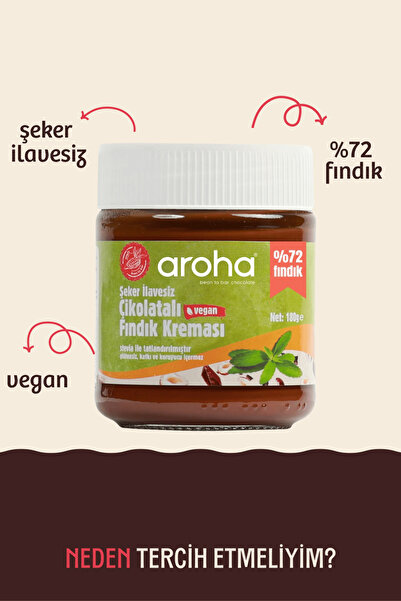 AROHA Çikolatalı Fındık Kreması %72 Fındık (STEVİA ILE TATLANDIRILMIŞTIR) Şeker Ilavesiz - 180 G