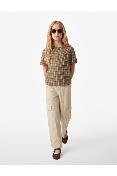 Koton Drawstring Button Detail Viscose and Cotton Blend Short Sleeve Shirt