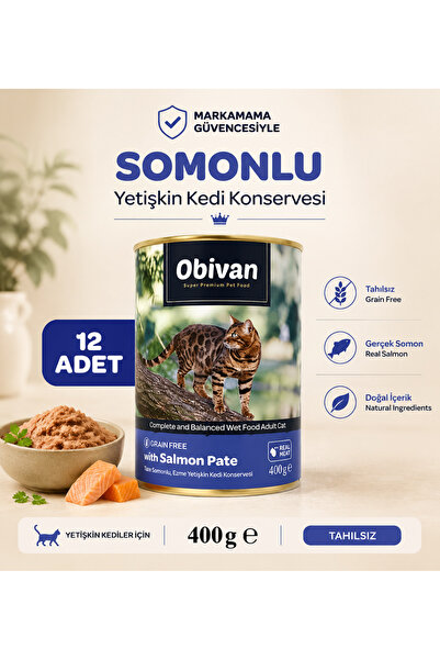 obivan Tahılsız Somon Balıklı Ezme Yetişkin Kedi Konservesi 400 gr x 12 Adet