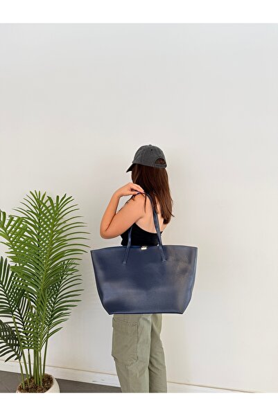 emelimin Women's Navy Blue Large Size Faux Leather Shoulder Bag Tote Shopper ...