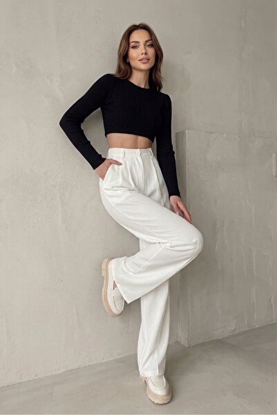 byhaziran butik Women's Ecru Pleated Palazzo Model Fabric Trousers