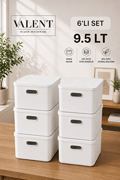 VALENT Nero 9.5 Lt 6'lı Çok Amaçlı Kapaklı Organizer Kutu Makyaj Banyo Mutfak...