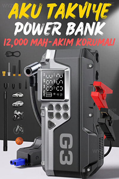 Wyze Şarjlı Akü Takviye Cihazı Lastik Şişirici Pompa Powerbank Led Işık 150ps...