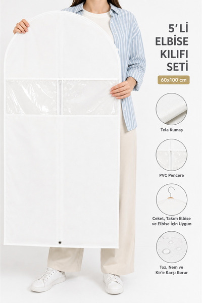 umbellatum Elbise Kılıfı 5'li 60x100 Cm Pencereli Beyaz Renk Dolap Düzenleyici Organizer hurç | Gamboç