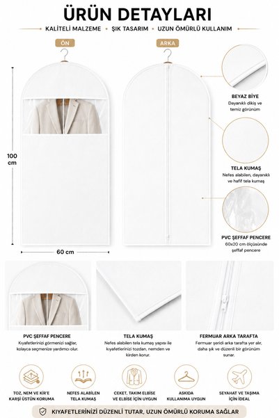 umbellatum Elbise Kılıfı 5'li 60x100 Cm Pencereli Beyaz Renk Dolap Düzenleyici Organizer hurç | Gamboç