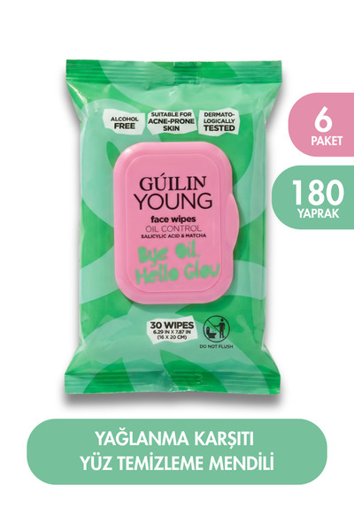 YOUNG Yağ Dengeleyici Yüz Temizleme Mendili 30'lu x 6 Paket | Salisilik Asit & Matcha Ekstraktı | Akneye Meyilli Ciltler İçin | Alkolsüz
