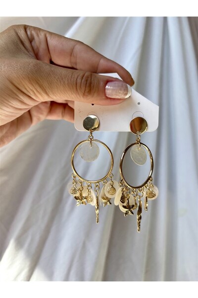 Gözde Tasarım Butik Women's Gold Color Sea Star Shell Hoop Steel Earrings