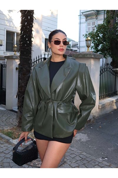 ESRAHELVACI Single Button Slim Belted Leather Jacket