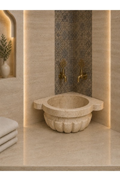 banyodecor Traverten Köşe Kavun Dilimli Mermer Kurna