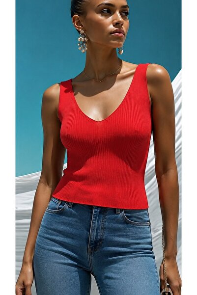 Modafeminen V-Neck, Cobalt Blue Color with Twill Red Tr079
