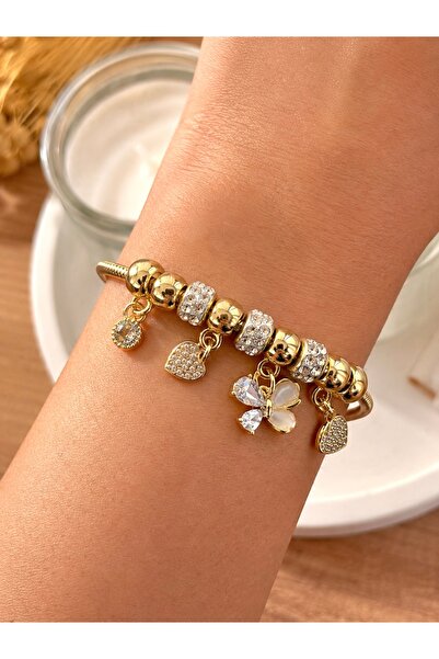 hand shey Taşlı Kalp ve Kelebek Charm Çelik Bileklik | 316L Paslanmaz Çelik -...