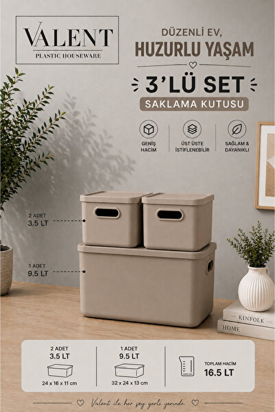 VALENT Nero 3'lü Set Çok Amaçlı Kapaklı Organizer Kutu Banyo Mutfak Düzenleyi...
