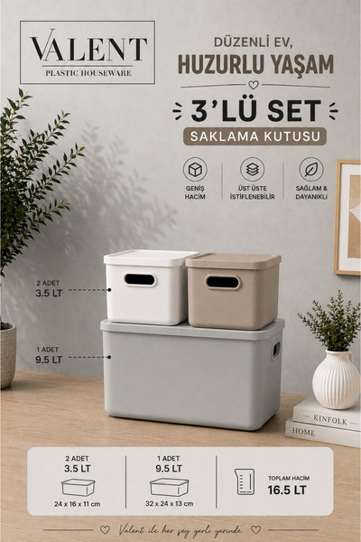 VALENT Nero 3'lü Set Çok Amaçlı Kapaklı Organizer Kutu Banyo Mutfak Düzenleyi...