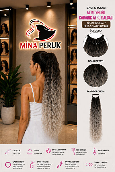 Mina Peruk Küllü Kumral / Beyaz Platin Ombre Tokalı Kabarık Afro Dalgalı At K...