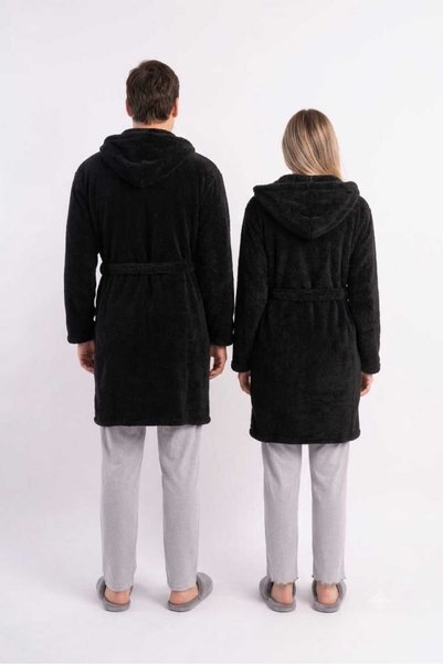 Sweet's Collection Siyah Kapüşonlu Welsoft Peluş Unisex Sabahlık