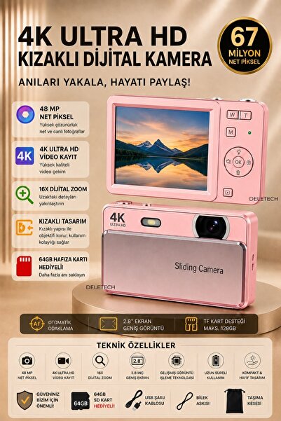 Deletech 4K Sliding Kamera Dijital Fotoğraf Makinesi | Kızaklı Lens Kapaklı |...