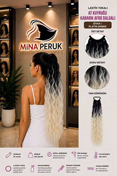 Mina Peruk Siyah / Platin Ombre Tokalı Kabarık Afro Dalgalı At Kuyruğu – Last...