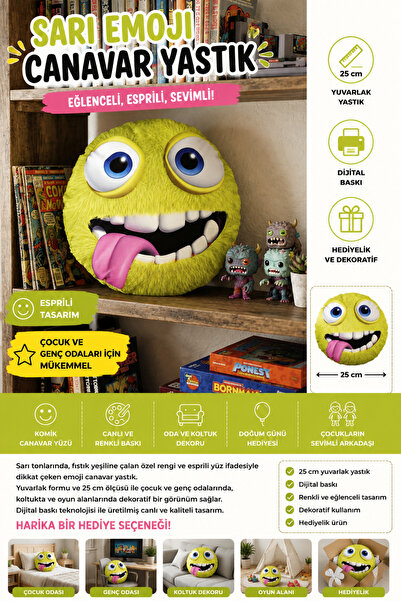 AZİZ OYUNCAK 💛   Decorative Pillow Yellow Emoji Monster Pillow Humorous Round