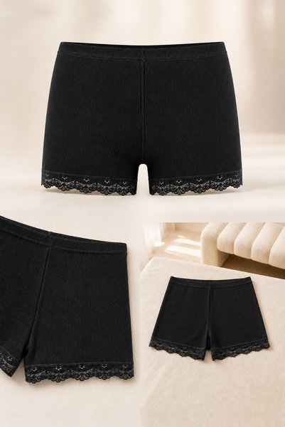İncili Tekstil Women's 3-Piece Lace Long Ribbed Boxer Shorts - Cotton Stretch Ribbed Underwear Set (Black, Tan, Grey) 2XL