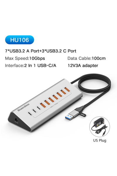 Choice3 HU106 US PLUG Blueendless Aluminium 10Gbps USB3.2 Gen2 4/10port HUB D...