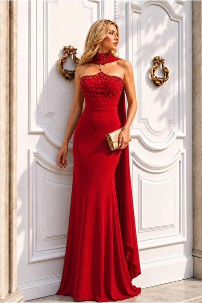 SS HOME CONCEPT Women's glitter fabric asymmetric neck strap evening dress