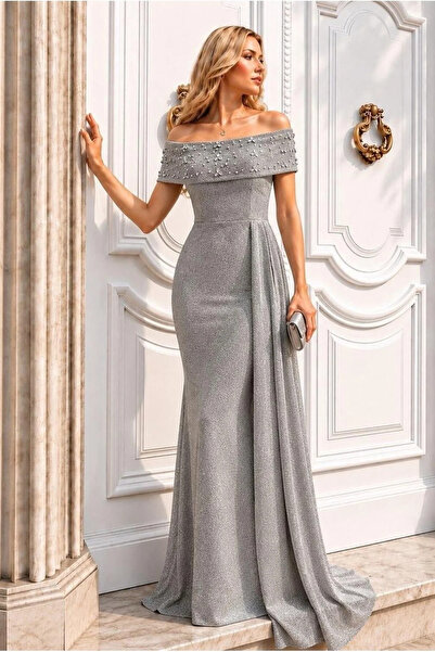 SS HOME CONCEPT Women's Degaje Collar Low-Cut Maxi Long Sleeve Evening Dress