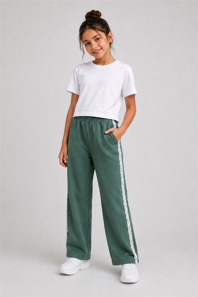 Joi Kids Girl's Wide Leg Loose-Fit Sweatpants with Lace Stripes on the Sides