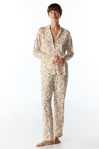 Penti Ecru Margot bedrucktes, gemustertes Langarm-Hemd-Hosen-Pyjama-Set