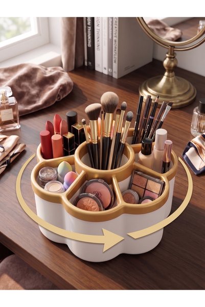 KoreHome Floral Design 7-Compartment Multi-Purpose Makeup and Desktop Organizer - Brush Holder, Cosmetics & Office Organizer 360-Degree Rotating Organizer Gold Color