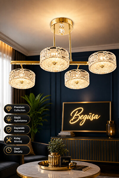Begüsa Leya 4'lü Ledli Avize Gold Kaplama | Modern Dekoratif Sarkıt Tavan Ayd...