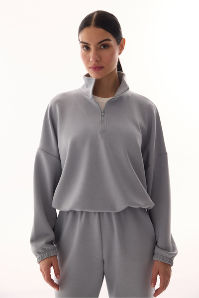 Penti Gri Silky Touch Dik Yaka Fermuarlı Crop Sweatshirt