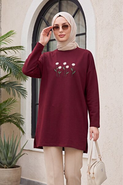 Modamorfo Daisy Embroidered Round Neck Combed Cotton Tunic - Burgundy