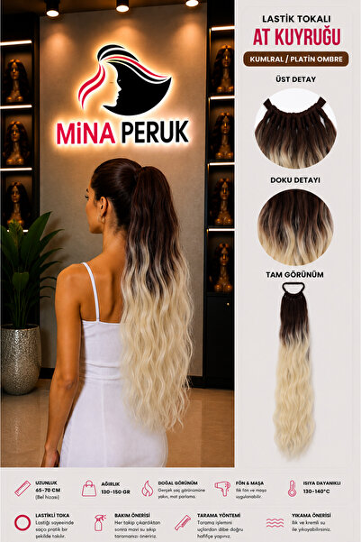 Mina Peruk Kumral/Platin Ombre Tokalı Su Dalgalı At Kuyruğu – Lastikli, Sente...