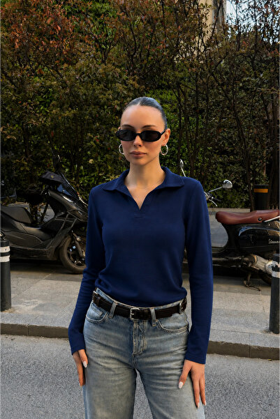 BELISTIL Lacivert Polo Yaka Modal Kumaş Bluz Uzun Kollu Tişört