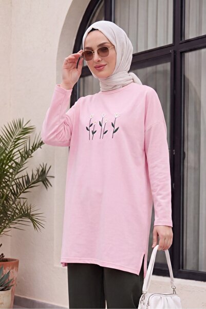 Modamorfo Daisy Embroidered Round Neck Combed Cotton Tunic - Pink
