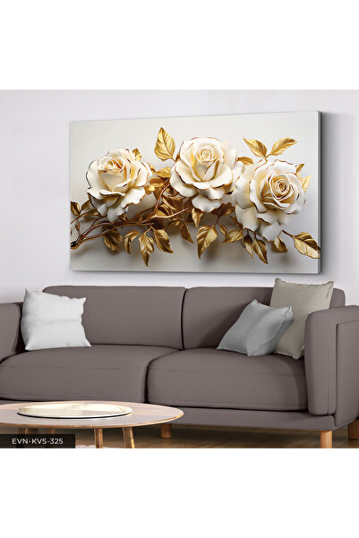 Evinemoda Gold Yapraklı Beyaz Çiçek Tek Parça Kanvas - Canvas Tablo