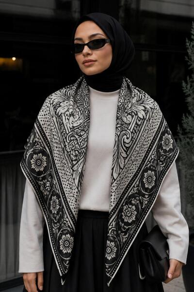 AFVENTE Osmanlı Motif Desen Siyah-Bej Soft Fular Eşarp 90x90 cm