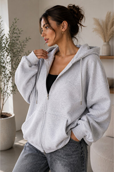 Shine Stone Kadın Oversize Kapüşonlu Kanguru Cepli Fermuarlı Sweatshirt