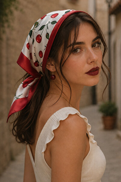 AFVENTE Kiraz Bahçesi Desen Kırmızı Saten Bandana Fular 50×50 cm