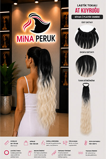 Mina Peruk Siyah/Platin Ombre Tokalı Su Dalgalı At Kuyruğu – Lastikli, Sentet...