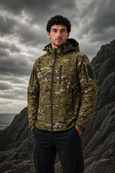 Maison Rae Erkek Outdoor Softshell Kamuflaj Mont – Çıkarılabilir Kapüşonlu, P...