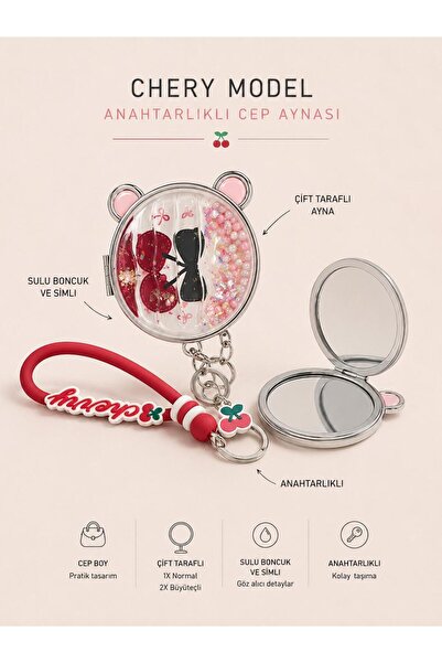 BATBAT Cherry Charm Anahtarlık Makyaj Aynası Taşınabilir Deri Kılıflı Mini Ce...