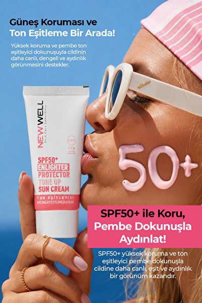 New Well Ton Eşitleyici yüksek Koruma Etkili Spf50+ Aydınlatıcı Pembe Yüz Güneş Kremi 50 Ml