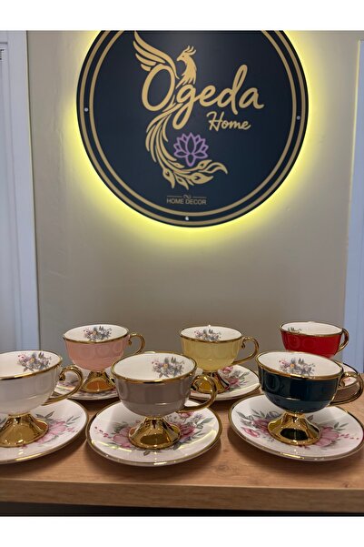 Ogeda Home 6’lı Çiçek Desenli Renkli Kahve Fincanı Takımı – Balsa Gold Ayaklı...