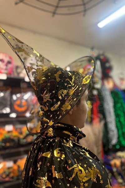 Huzur Party Store Cadılar Bayramı Pelerin Şapka Seti Gold Altın Sarısı Cadı Yarasa Baskılı Halloween Parti Kostümü