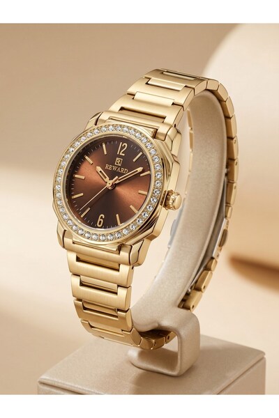 Reward Kadın Kol Saati 28 mm Kahverengi Kadran Taşlı Bezel Gold Renk Çelik