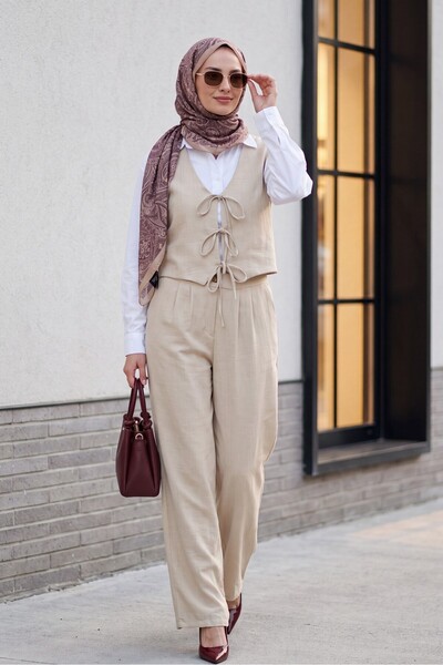 Modamorfo Lace-Up Front Vest and Trousers Two-Piece Linen Look Suit - Stone C...